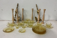 (6) 11 1/4’’ Wooden Candle Sticks, (2) Brass Wall Decorations, Large Yellow Stained Glass Tea Cup And Plate Collection