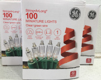 (3) GE Long String White Mini Clear Lights 100 Count Outdoor / Indoor on Green Wire