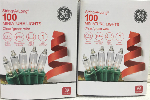(2) GE Long String White Mini Clear Lights 100 Count Outdoor / Indoor on Green Wire