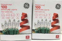 (2) GE Long String White Mini Clear Lights 100 Count Outdoor / Indoor on Green Wire