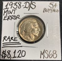 1938-D/S MS68 RARE Mint Error Buffalo Nickel