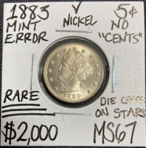 1883 MS67 RARE Mint Error Liberty V Nickel