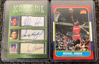 ICONIC INK TRIPLE CUTS LIMITED EDITION FACSIMILE AUTOGRAPHS OF NOLAN RYAN, SANDY KOUFAX AND TOM SEAVER COLLECTOR CARD AND 1986 MICHAEL JORDAN CARD