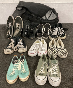 DUFFLE BAG WITH (9) PAIRS OF MEN'S AND WOMEN'S CONVERSE, VANS, AND REEF. (SIZES 9, 8, 6, 4, 5)
