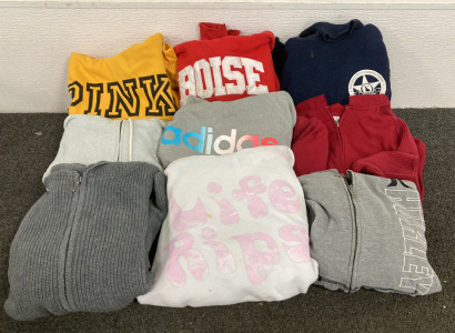 (9) HOODIES AND JACKETS INCLUDING PINK, HURLEY, BOISE HIGH, LIFE RIPS, ADIDAS, RUSSELL ATHLETICS, MAX STUDIO, AND MORE