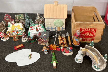 CHRISTMAS FIGURINES INCLUDING LIGHT UP HOUSE (WORKS), ICE RINK MUSIC BOX (WORKS), ORNAMENTS, CERAMIC GARDEN HOUSE WITH SMALL GARDEN TOOLS, AND A WASATCH CHRISTMAS ALE WOOD BOX