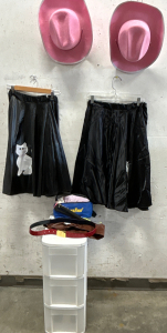 (2) HANDMADE POODLE SKIRTS WITH A KITTY CAT ON EACH, (2) PINK COWGIRL COSTUME HATS, AND MORE