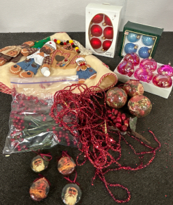 (2) TOTES WOTH CHRISTMAS ORNAMENTS, GARLAND, (2) TREE SKIRTS, AND MORE