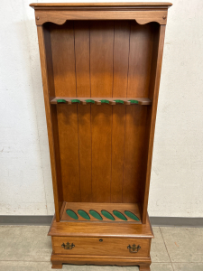 WOOD GUN CABINET WITH DRAWER HOLDS 6 RIFLES (38”x12.5”x65”- MISSING GLASS PANELS)