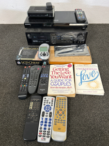 SAMSUNG BLUR-RAY PLAYER WITH REMOTE (BOTH WORK), KENWOOD CASSETTE PLAYER (POWERS ON), LAPTOP BATTERY DOR LENOVA WINBOOK N22-N23 1st GENERATION (BRAND NEW), CENTURY LINK WI-FI ROUTER (POWERS ON), ELECTRONIC CHESS GAME (NO BATTERIES TO TEST), 2 BOOKS AND 6 