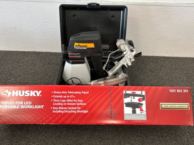 WAGNER ELECTRIC PAINT SPRAYER IN CASE (WORKS) ANS HUSKY TRIPOD FOR LED PORTABLE WORKLIGHY