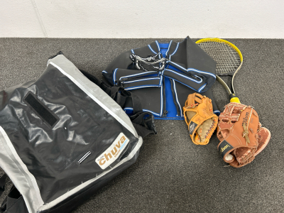 UNDER ARMOR LACROSSE SAFETY GOGGLES, RANSOME COURT MASTER TENNIS RACKET, WETSUIT JACKET, 2 YOUTH MITTS AND CHUVA STORM DEFENSE DRY BAG