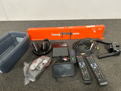 GARMIN DASH GPS (WORKS), AMAZON FIRE TABLET (WORKS), BEATS BY DR. DRE OVER THE EAR WIRELESS HEADPHONES (NO CHARGER TO TEST), 32&rdquo;-86&rdquo; TV WALL MOUNT AND MORE