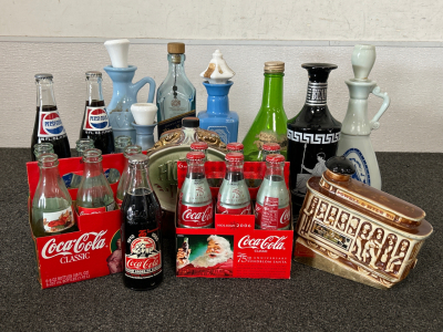 (7) WHISKEY DECANTERS, (13) VINTAGE COKE BOTTLES, (2) PEPSI BOTTLES, (1) JOHNNY WALKER BOTTLE AND (1) PAISANO WINE BOTTLE