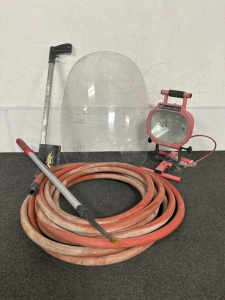 HEAVY DUTY HOSE, MOTORCYCLE WINDSHIELD, COMMERCIAL ELECTRIC SHOP LIGHT (UNABLE TO TEST REQUIRES REWIRING) AND MORE