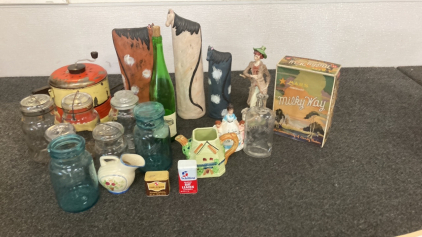 CERAMIC HORSES, CANNING JARS, VINTAGE BOTTLES, VINTAGE POPCORN POPPER
