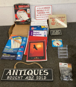 BOX INCLUDING WHITE ENVELOPES, BROWN FILES, MAILING LABELS, BUSINESS CARDS, ADDRESS LABELS, WALL DECOR, PROJECT ORGANIZERS, AND BINDER CLIPS