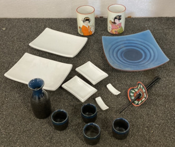 SAKE CERAMIC SET, SIX PIECE SUSHI PLATE SET, ONE BLUE SWIRL PLATE, TWO JAPANESE CUPS