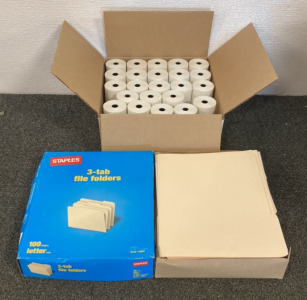 BOX OF RECEIPT PAPER, 100 THREE TAB FILE FOLDERS, SINGLE TAB FILE FOLDERS