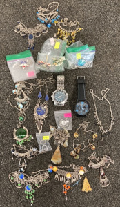 BOX OF COSTUME JEWELRY AND AND (2) WATCHES