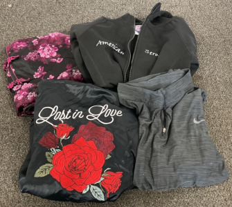 AMERICAN STRONG APPAREL JACKET, LOST IN LOVE JACKET, NIKE PULL OVER QUARTER ZIP, PINK BACKLESS FLORAL DRESS