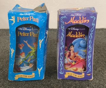 (2) WALT DISNEY COLLECTOR SERIES GLASSES, WITH (1) PETER PAN GLASS AND (1) ALADDIN GLASS