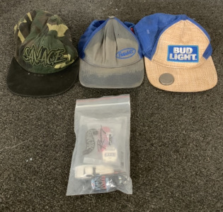 (3) BASEBALL CAPS, AND (1) BAG OF HOT WHEELS RACING CARS