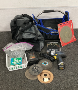 TOOL BAGS, GRINDING WHEELS, CHICAGO ELECTRIC IMPACT DRIVER AND MORE; PLEASE INSPECT