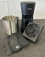 MR COFFEE MAKER, STAINLESS STEEL CONTAINER, PERSONAL DESK FAN, AND CLEAR TV ANTENNA