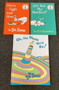 THREE DR SEUSS BOOKS, OH THE PLACES YOULL GO, ARE YOU MY MOTHER?, GREEN EGGS AND HAM