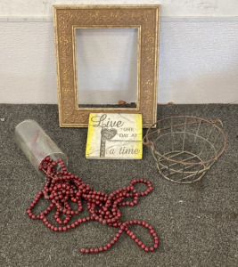 ONE PICTURE FRAME, ONE QUOTE TILE, ONE METAL BASKET, ONE VASE W/ DECORATIVE BEADS