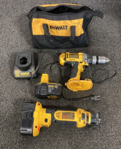 DEWALT CORDLESS CUT OUT TOOL, DEWALT HEAVY DUTY XRP 13MM CORDLESS DRILL, (2) DEWALT 14.4V CHARGER,