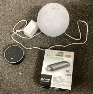 (2) AMAZON ECHO DOTS, (1) SONY MAKE BELIEVE BLU RAY PLAYER