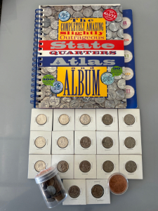 STATE QUARTER ATLAS AND ALBUM WITH (17) QUARTERS, VINTAGE PENNIES AND COPPER COIN
