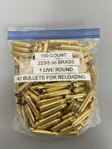 BAG OF (150) COUNT .223/5.56 BRASS, (1) LIVE ROUND AND (42) BULLETS FOR RELOADING