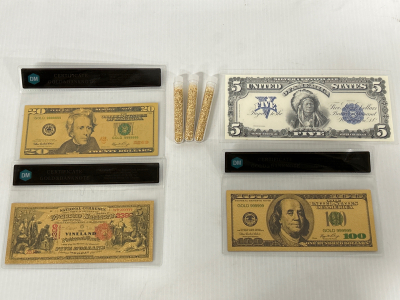 UNAUTHENTICATED TUBES OF GOLD FLAKES (3), UNAUTHENTICATED GOLD BANK NOTES ($5, $20, $100) AND UNAUTHENTICATED SILVER CERTIFICATE ($5)