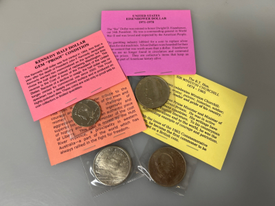 KENNEDY HALF DOLLAR, EISENHOWER DOLLAR, SIR WINSTON CHURCHILL COIN, AND $5 COMMEMORATIVE COIN