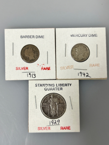 VINTAGE 1913 BARBER DIME, 1942 MERCURY DIME, AND 1929 STANDING LIBERTY QUARTER