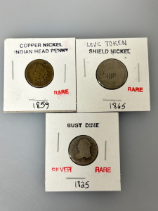 1859 COPPER HEAD NICKEL, 1865 LOVE TOKEN SHIELD NICKEL, AND 1825 BUST DIME