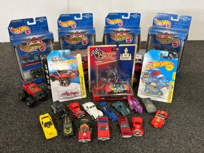 (4) HOT WHEEL FINAL RUN MODELS, NON BOXED HOT WHEEL CARS, MATCHBOX COLLECTIBLE CHEVY TAHOE MICHAEL JORDAN CAR, MATCHBOX COCA COLA VOLKS WAGON BUGGY CAR, WINNERS CIRCLE JEFF GORDON COLLECTIBLE CAR AND MORE HOT WHEELS