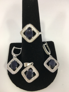 Beautiful .925 Blue Sapphires Earrings, Necklace Pendant, & Sz7 Ring Set