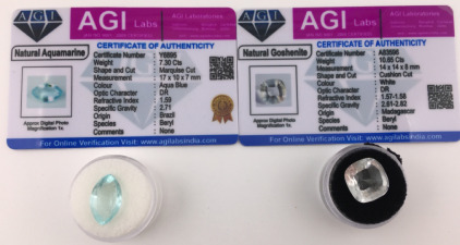 (2) Certified Natural Gemstone&rsquo;s W/COA Including (1) 7.30 ct. Marquise Cut Aquamarine (1) 10.65 ct. Cushion Cut White Goshenite