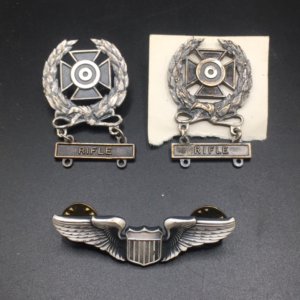 (2) Original WW2 1/20 Sterling Silver Marksman Badges With Rifle Specialist Tabs (1) Original WW2 United States Air Firce Pilot 1/20 Sterling Silver Wings Badge