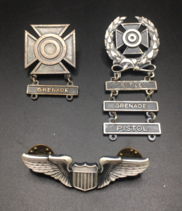 (1) Original WW2 1/20 Sterling Silver Marksman Badge With Grenade Specialist Tab (1) Original WW2 1/20 Sterling Silver Marksman Badge With Rifle, Grenade, pistol Specialist Tabs (1) Original WW2 United States Air Firce Pilot 1/20 Sterling Silver Wings Ba