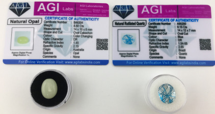 (2) Certified Natural Gemstone W/COA’s Including (1) 8.60ct. Color Changing Opal Cabochon (1) 9.15ct. Blue Rutilated Quartz