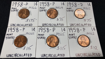 (6) 1958 Uncirculated Wheat Pennies