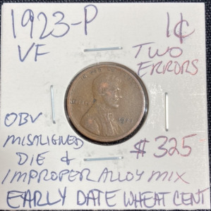 1923-P Die and Alloy Mix Error Wheat Penny