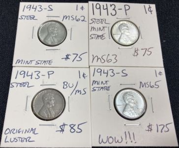 (4) 1943 Steel Wheat Pennies