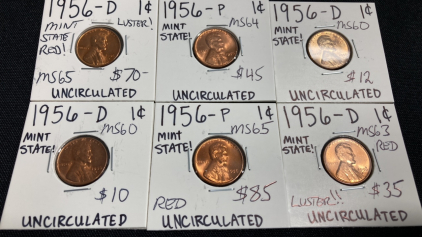 (6) 1956 Uncirculated Wheat Pennies