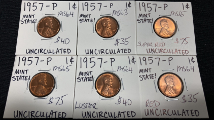 (6) 1957-P Uncirculated Wheat Pennies